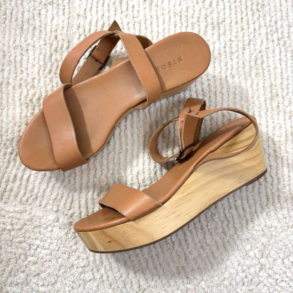 Nisolo Sarita Tan Leather Wooden Wedge Sandals Size 9 - Picture 13 of 13